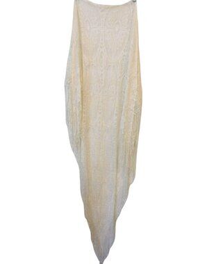 Vintage Cream Off White Crocheted Fringe Shawl Intricate Pattern 54" x 62"